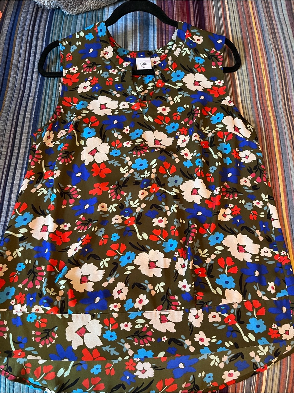 CAbi Olive Floral Shell with Red and Royal Blue Blooms